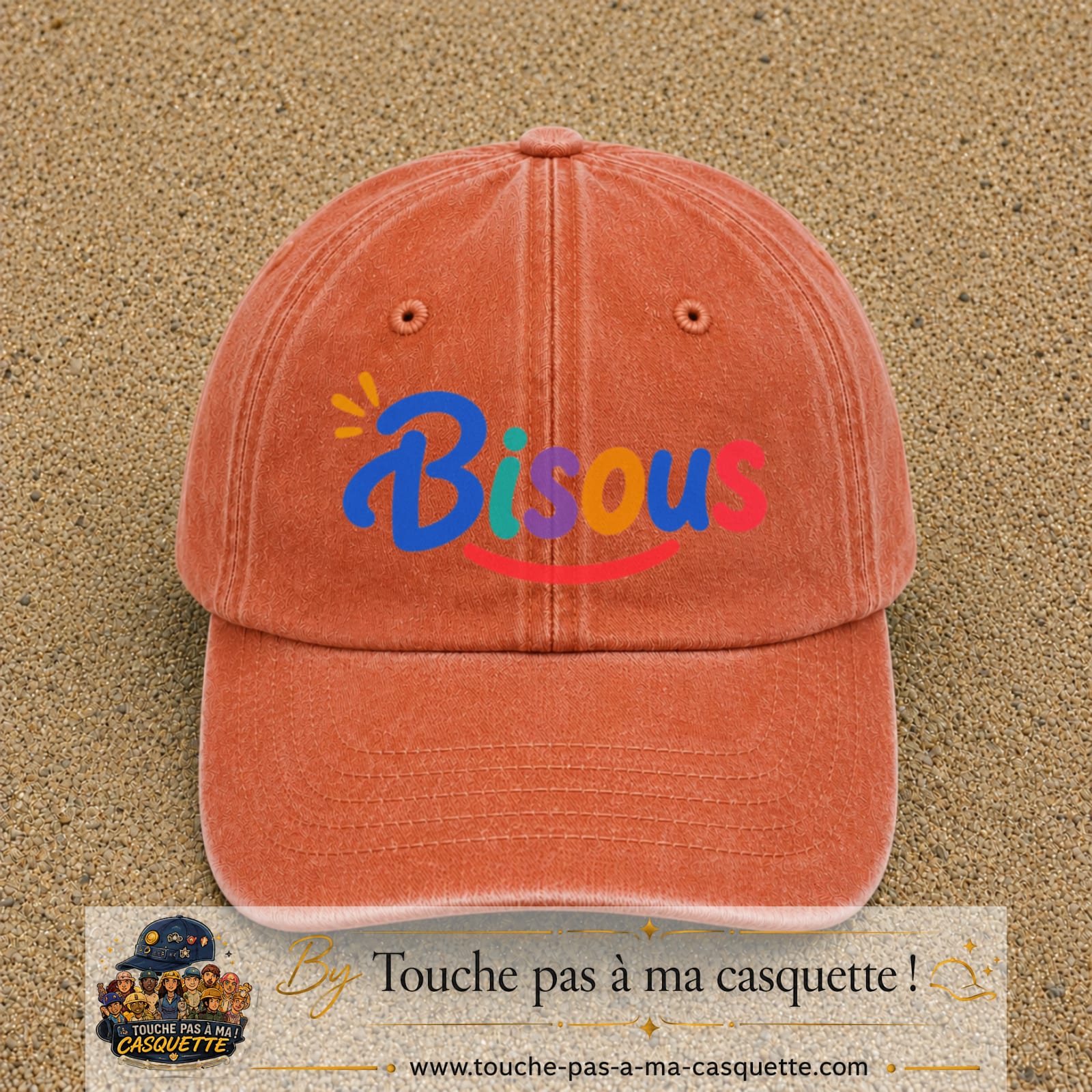 Casquette baseball Orange délavé - Corail délavé 100% coton avec visuel Bisous coloré 7 cm - image produit principale