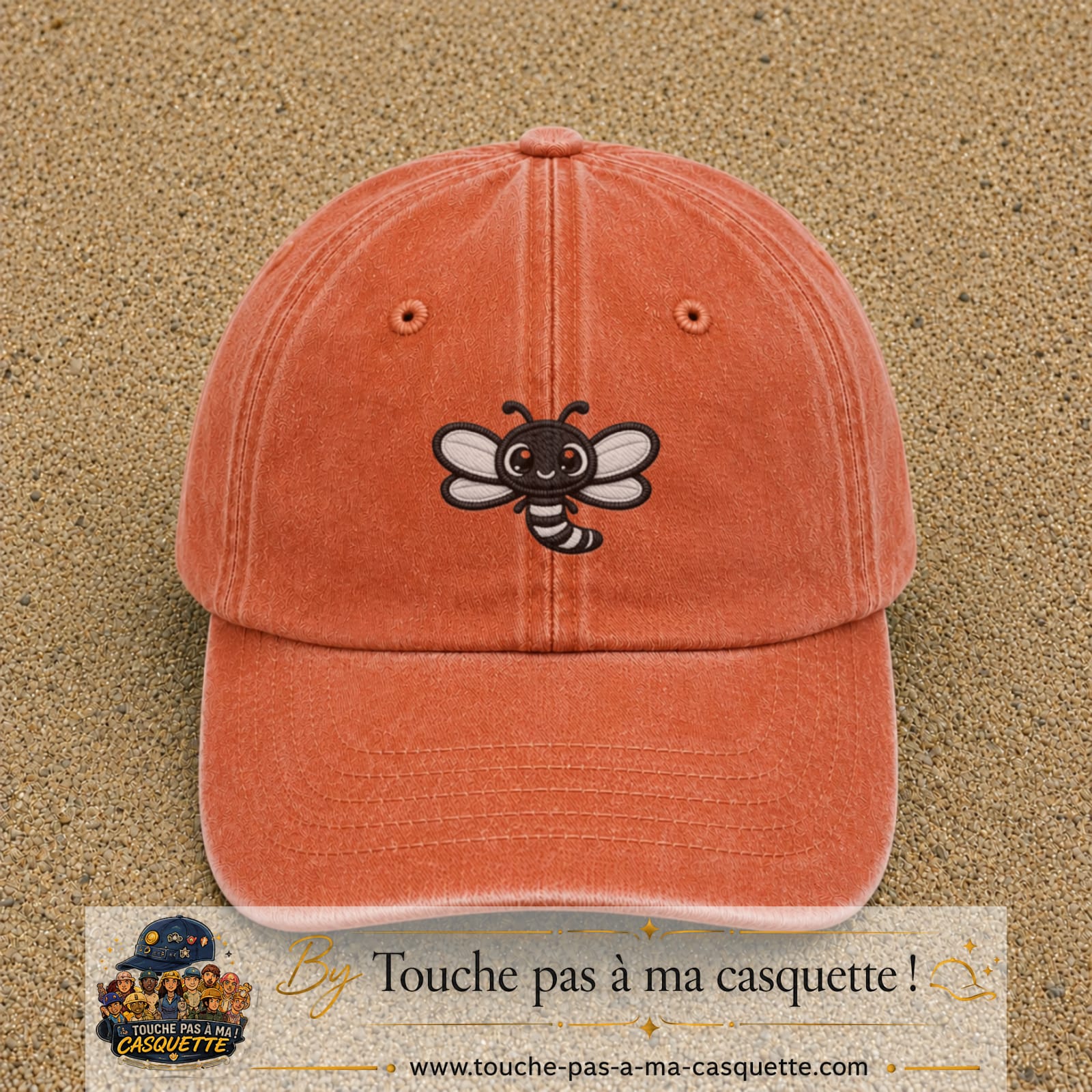 Casquette Orange délavé - Corail délavé motif Abeille souriante 5 cm - vue principale