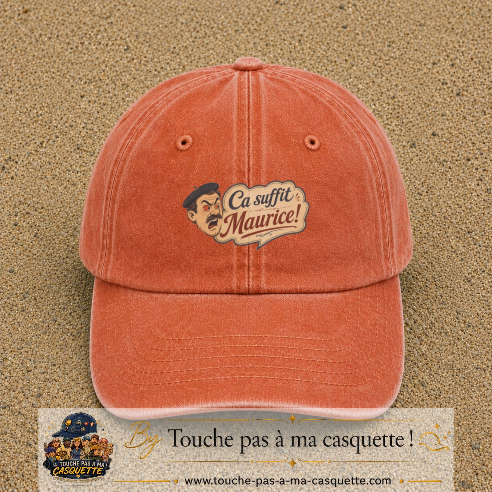 Casquette baseball Orange délavé - Corail délavé 100% coton avec visuel Ça suffit Maurice avec personnage 5 cm - image produit principale