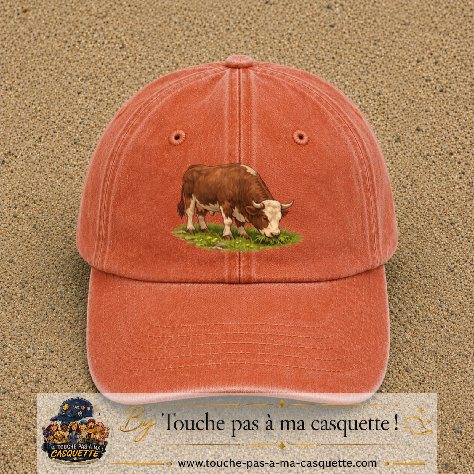 Casquette baseball Orange délavé - Corail délavé 100% coton avec motif Vache brune 7 cm - image principale