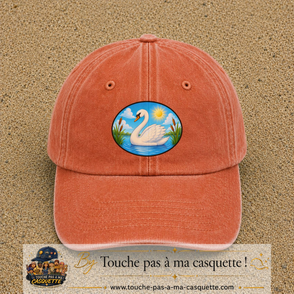 Casquette baseball Orange délavé - Corail délavé 100% coton avec visuel Cygne sur lac 7 cm - image produit principale