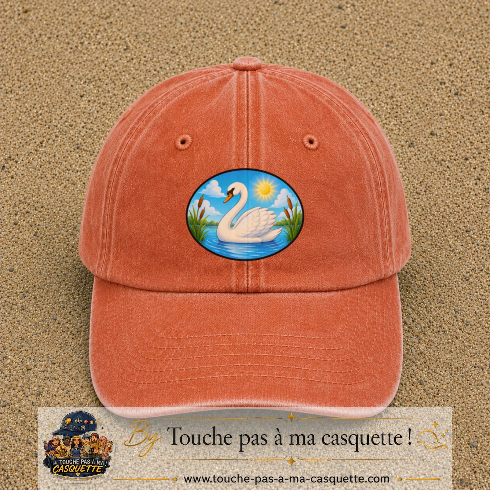 Casquette baseball Orange délavé - Corail délavé 100% coton avec visuel Cygne sur lac 7 cm - image produit principale