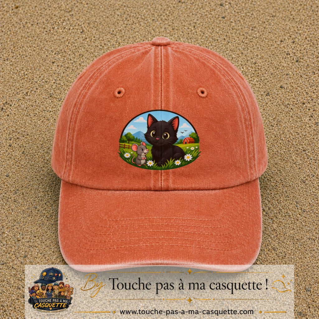 Casquette baseball Orange délavé - Corail délavé 100% coton avec visuel Chat et souris à la ferme 7 cm - image produit principale