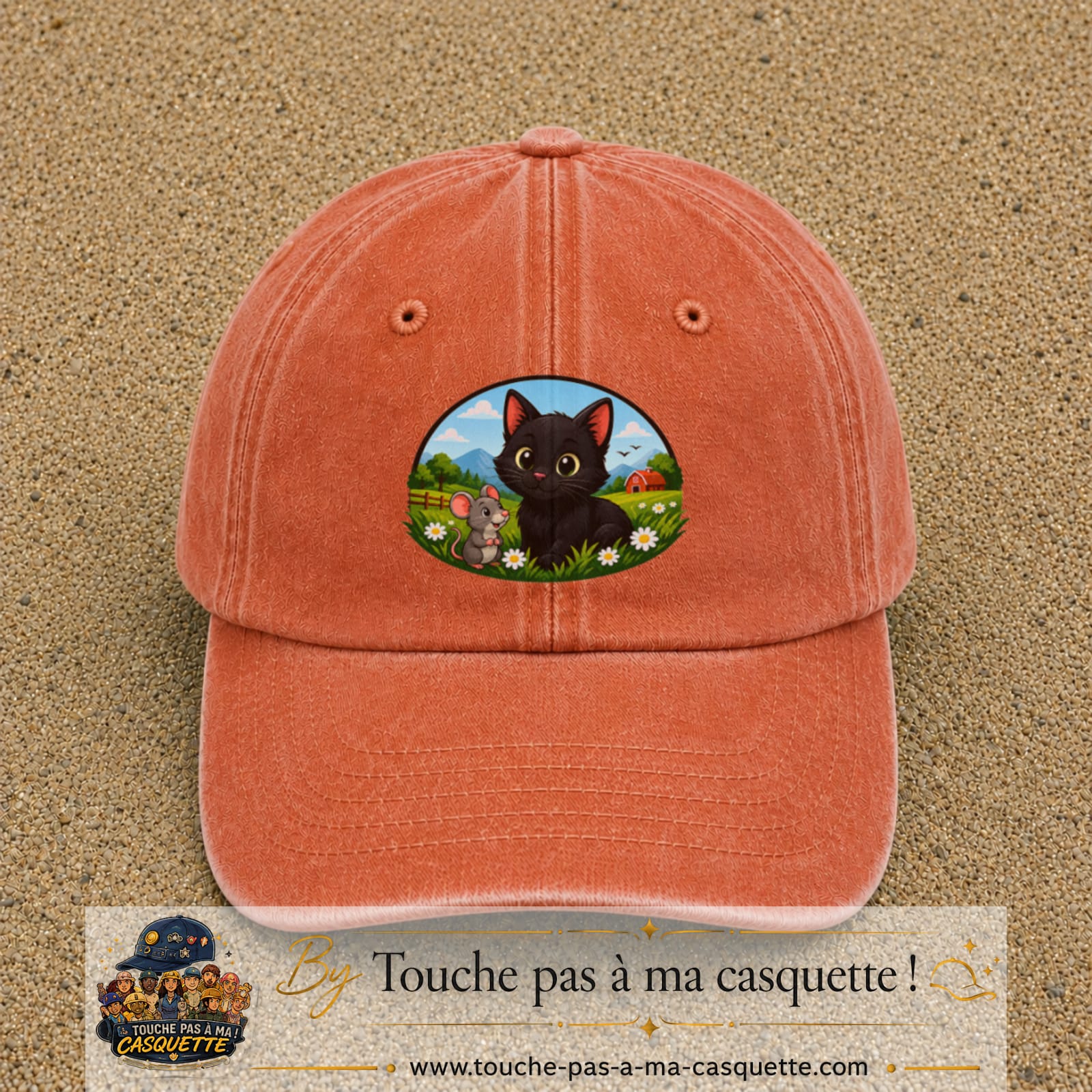 Casquette baseball Orange délavé - Corail délavé 100% coton avec visuel Chat et souris à la ferme 7 cm - image produit principale