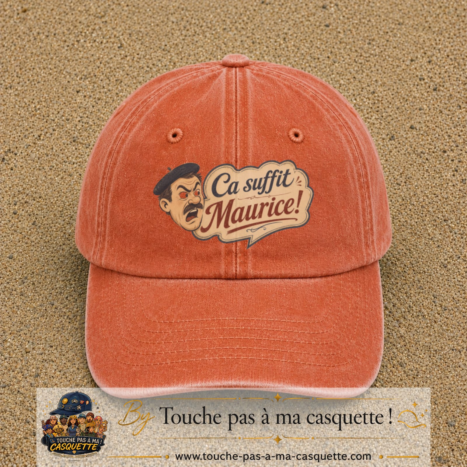 Casquette baseball Orange délavé - Corail délavé 100% coton avec visuel Ça suffit Maurice avec personnage 7 cm - image produit principale