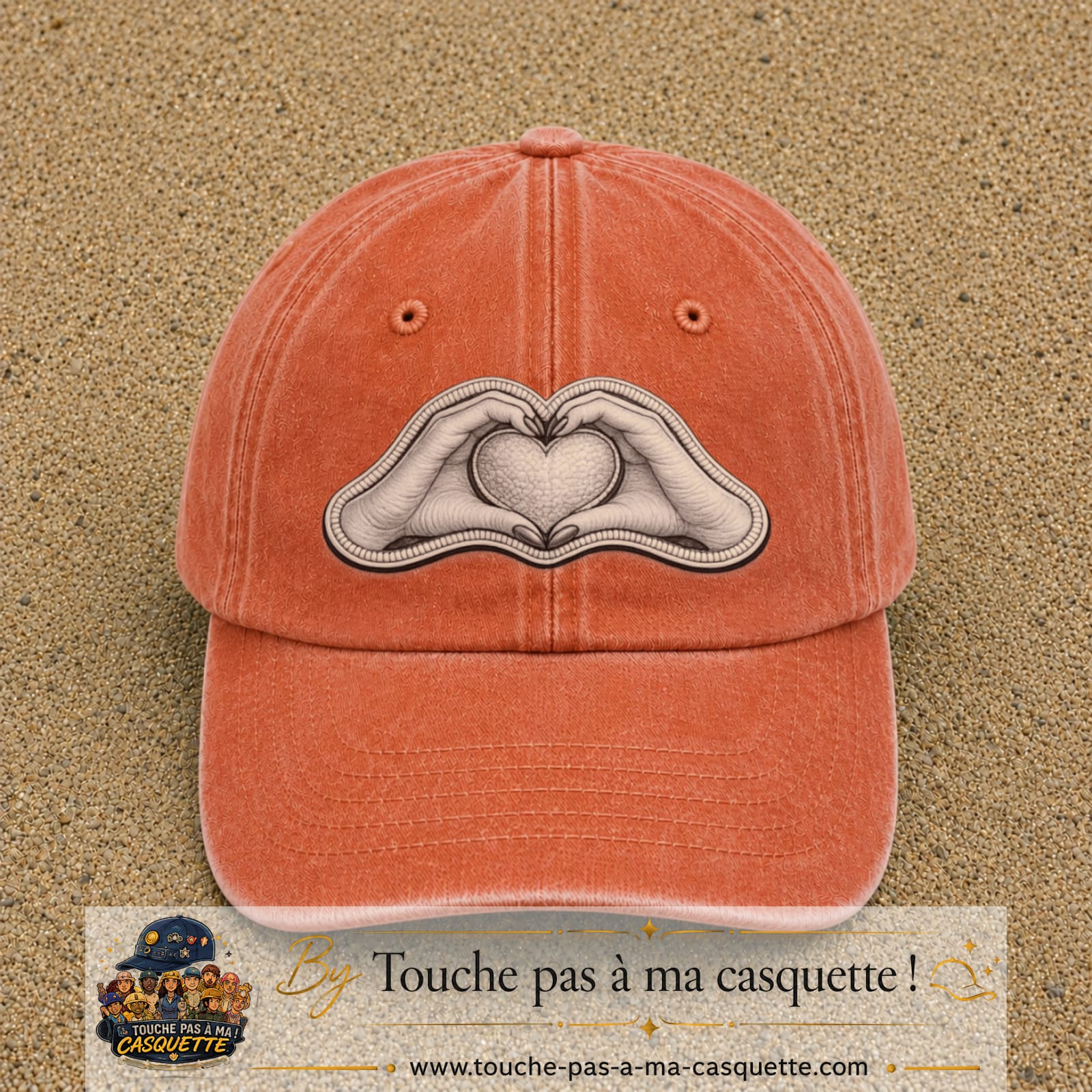 Casquette Orange délavé - Corail délavé motif Mains formant un cœur 7 cm - vue principale