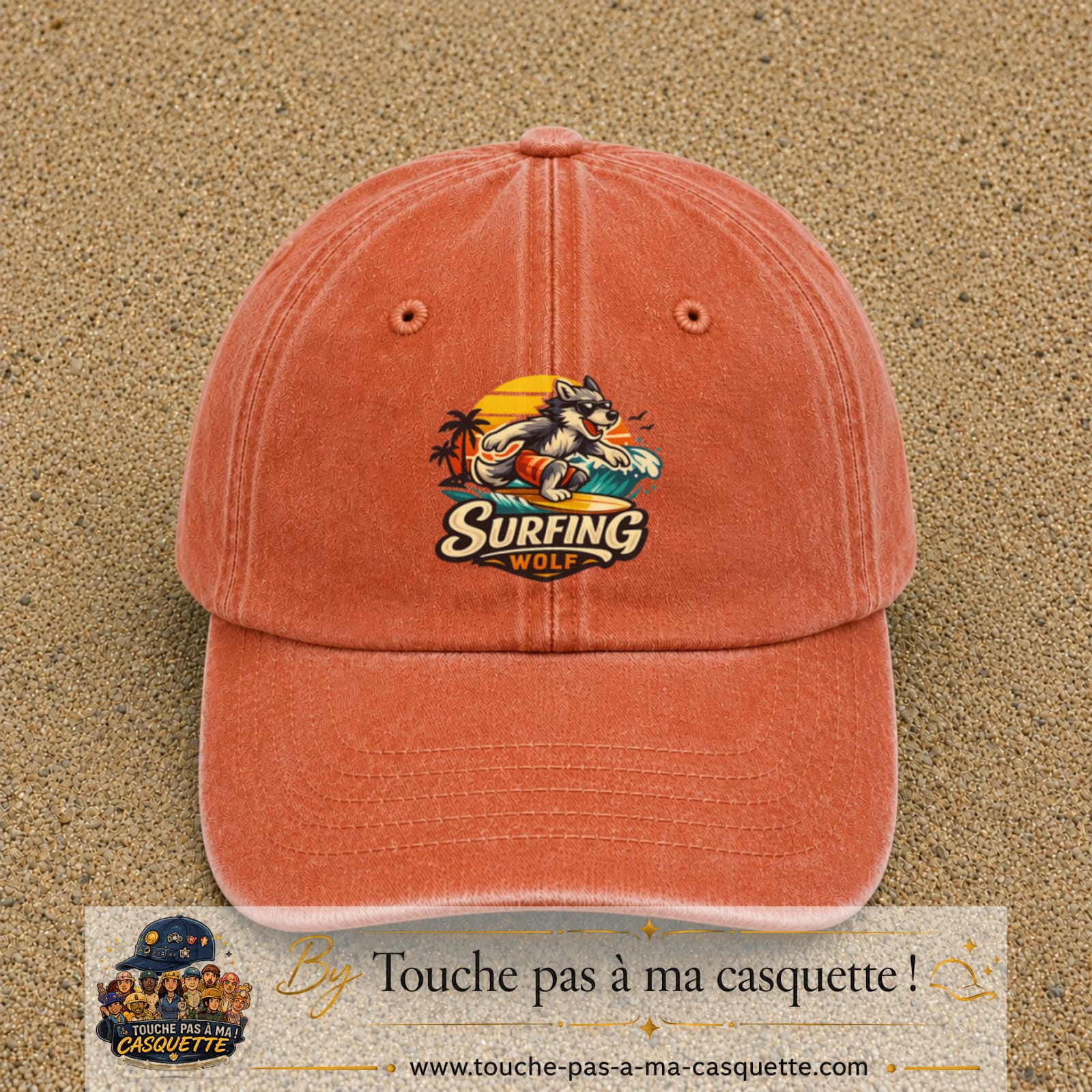 Casquette Orange délavé - Corail délavé 100% coton avec motif Surfing Wolf 7 cm - image principale