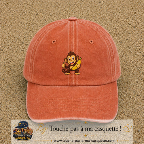 Casquette baseball Orange délavé - Corail délavé 100% coton avec motif Singe à la banane 5 cm - image principale