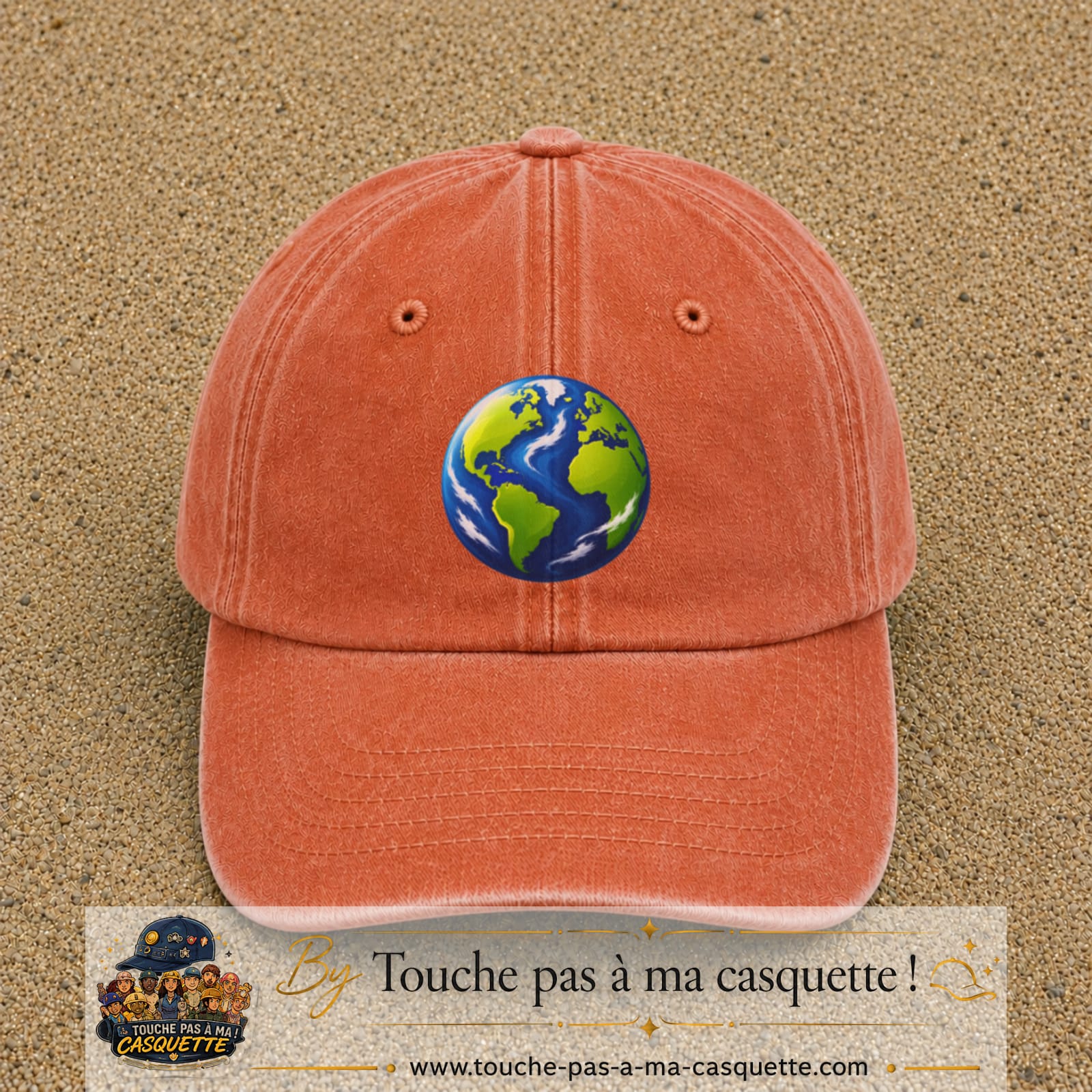 Casquette baseball Orange délavé - Corail délavé 100% coton avec visuel Planète Terre cartoon 7 cm - image produit principale