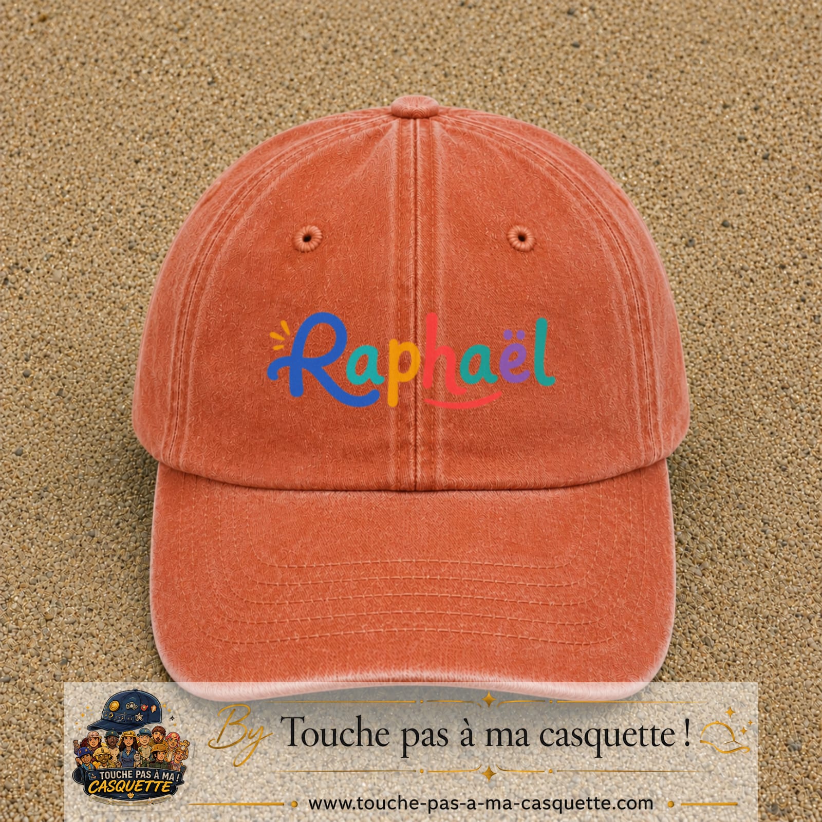 Casquette baseball Orange délavé - Corail délavé 100% coton avec visuel Prénom Raphaël coloré 7 cm - image produit principale
