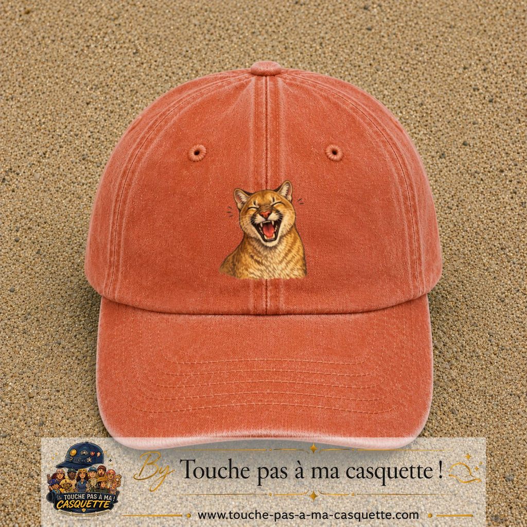 Casquette Orange délavé - Corail délavé 100% coton avec motif Félin sauvage qui rit 7 cm - image principale