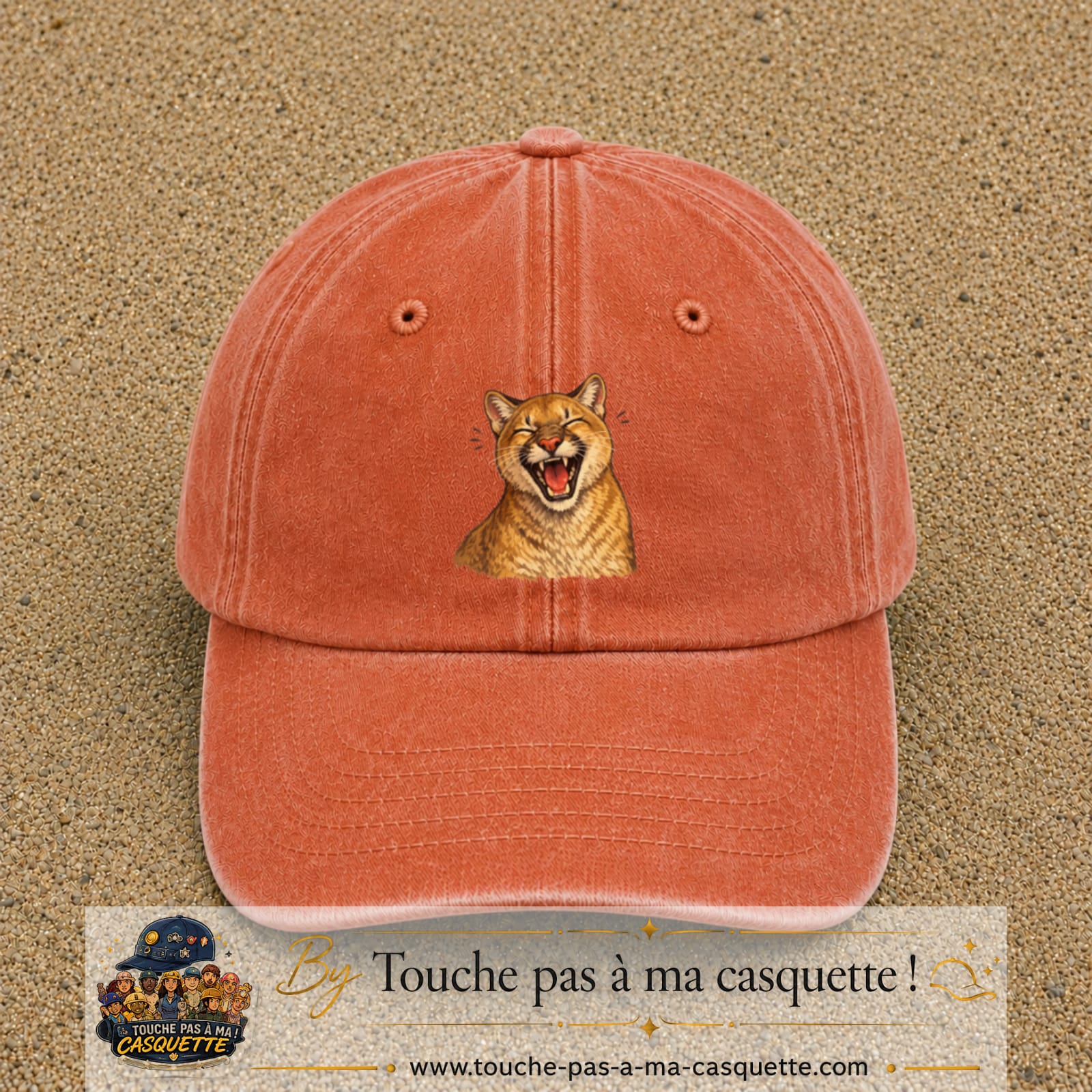 Casquette Orange délavé - Corail délavé 100% coton avec motif Félin sauvage qui rit 7 cm - image principale
