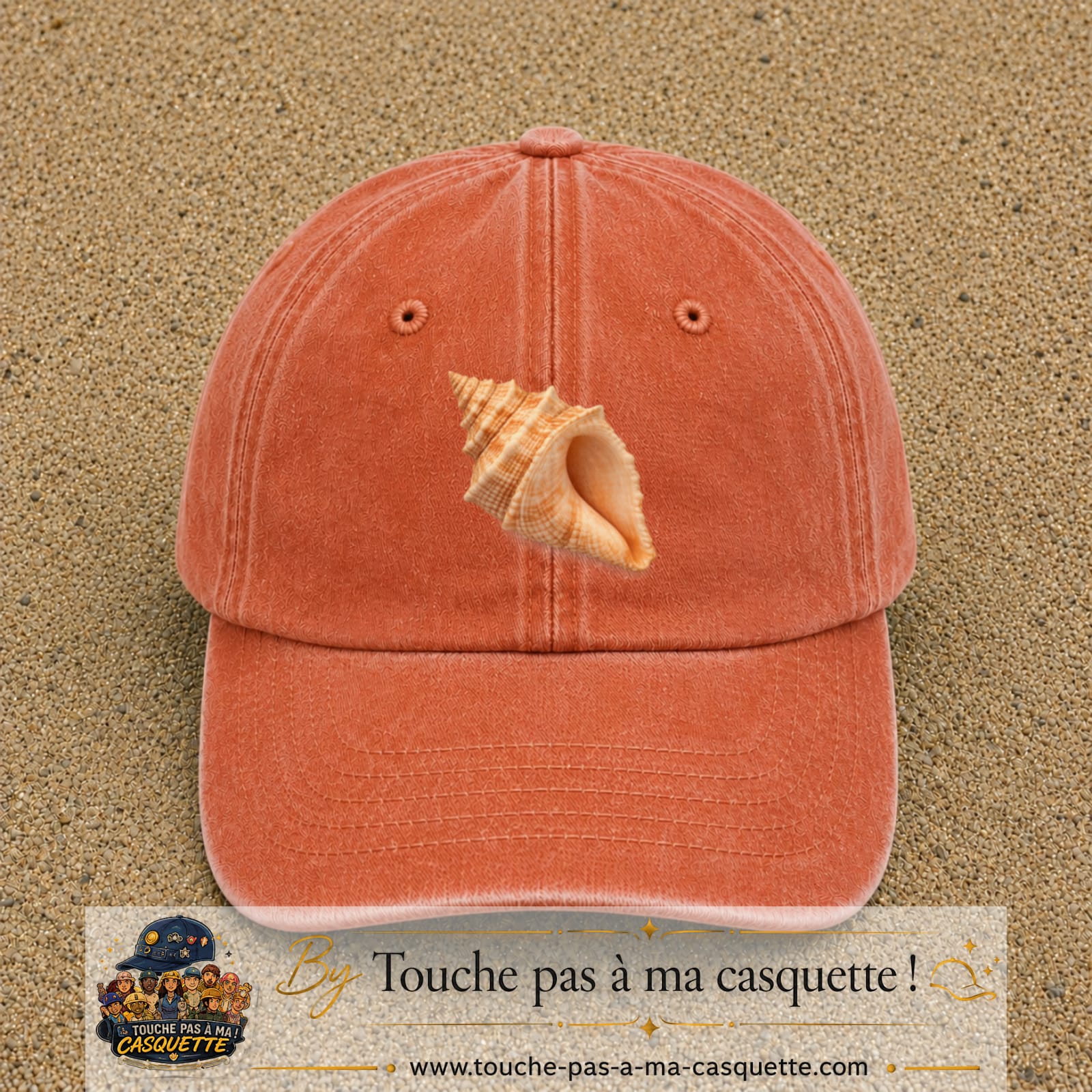 Casquette baseball Orange délavé - Corail délavé 100% coton avec visuel Coquillage marin 7 cm - image produit principale
