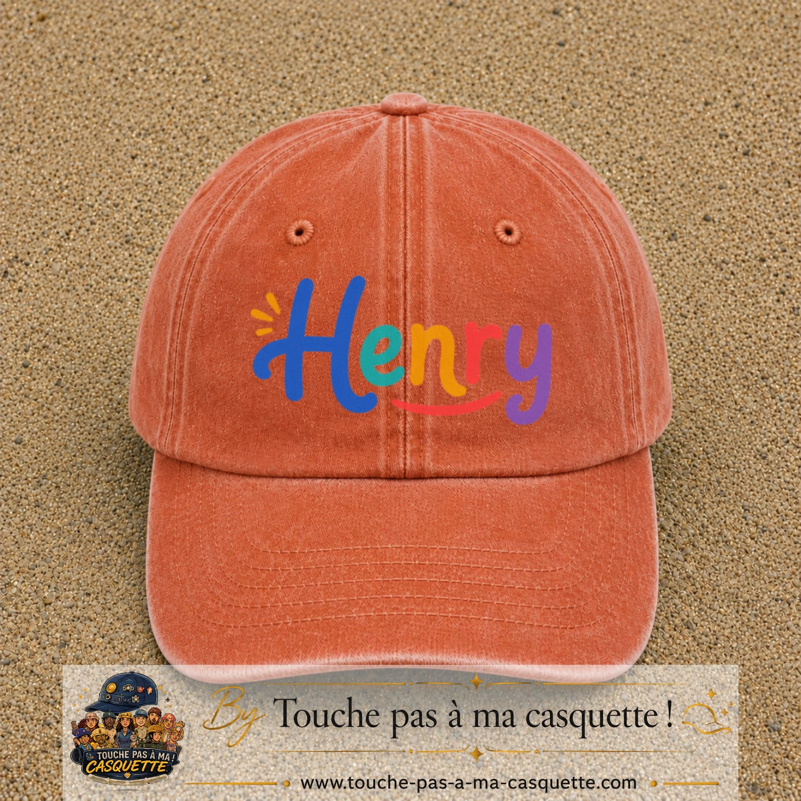 Casquette baseball Orange délavé - Corail délavé 100% coton avec visuel Prénom Henry coloré 7 cm - image produit principale