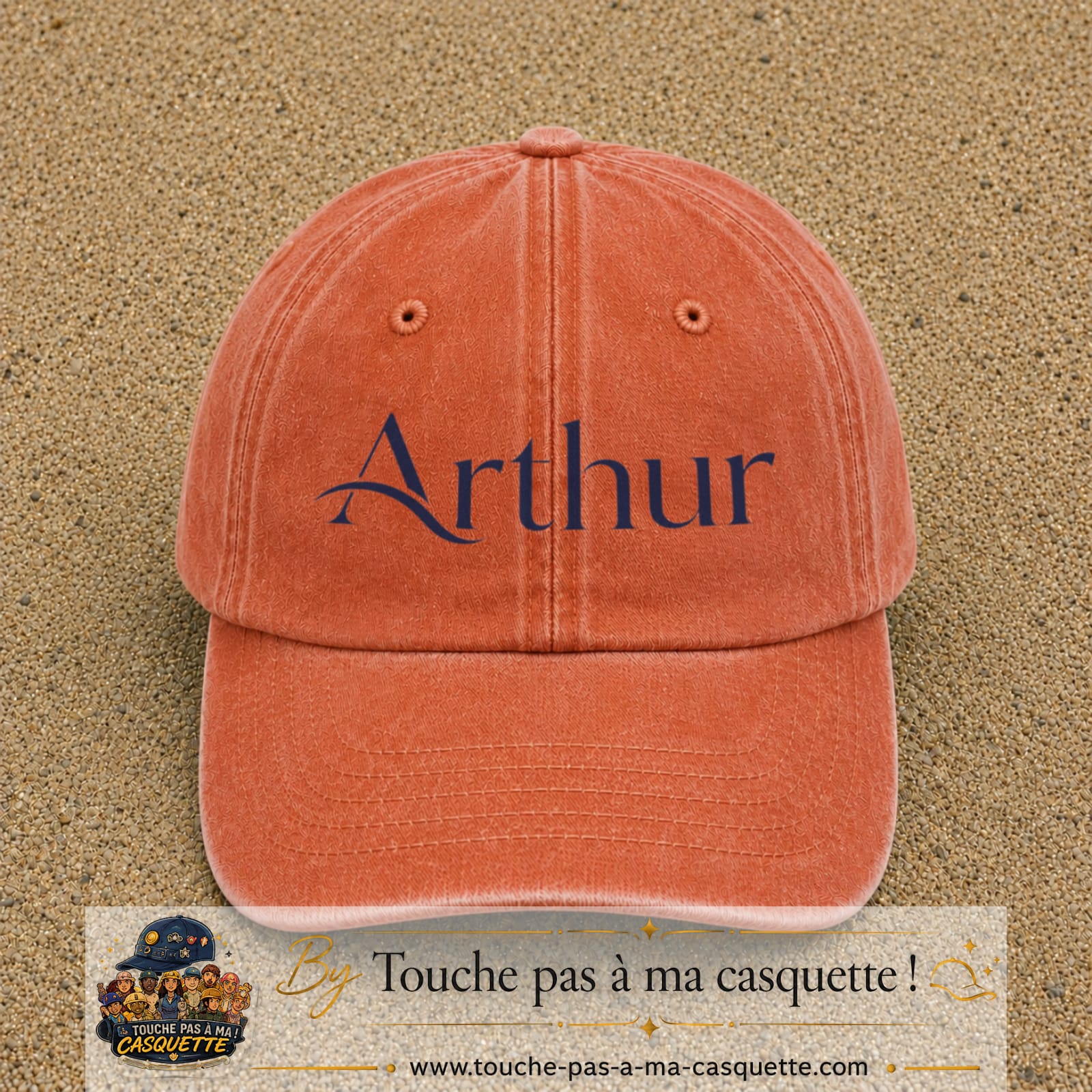 Casquette baseball Orange délavé - Corail délavé 100% coton avec visuel Prénom Arthur élégant 7 cm - image produit principale