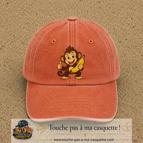 Casquette baseball Orange délavé - Corail délavé 100% coton avec motif Singe à la banane 7 cm - image principale