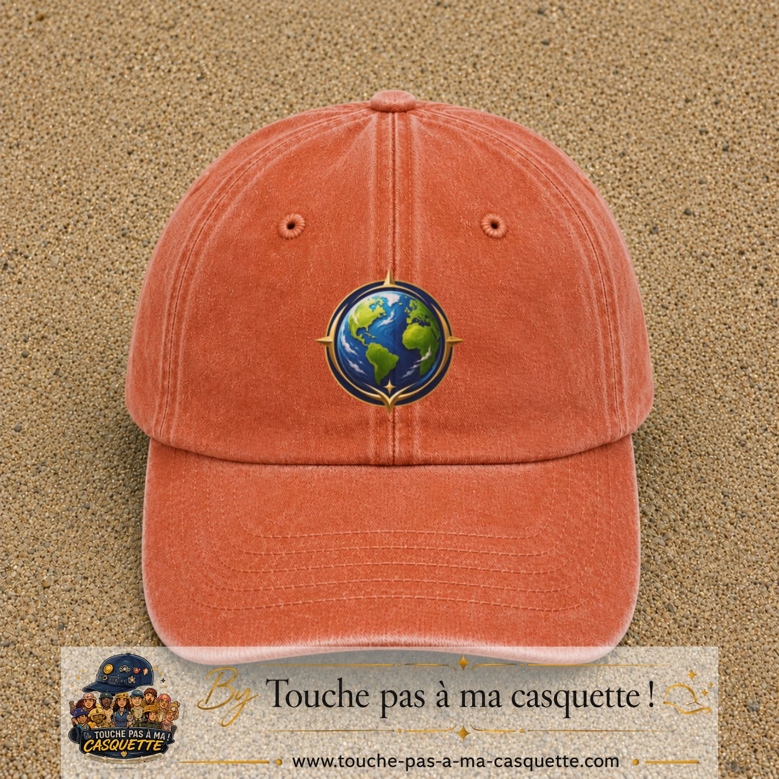 Casquette baseball Orange délavé - Corail délavé 100% coton avec visuel Terre compas 7 cm - image produit principale