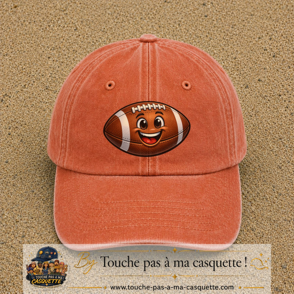 Casquette Orange délavé - Corail délavé 100% coton avec motif Ballon de rugby sourire 7 cm - image principale