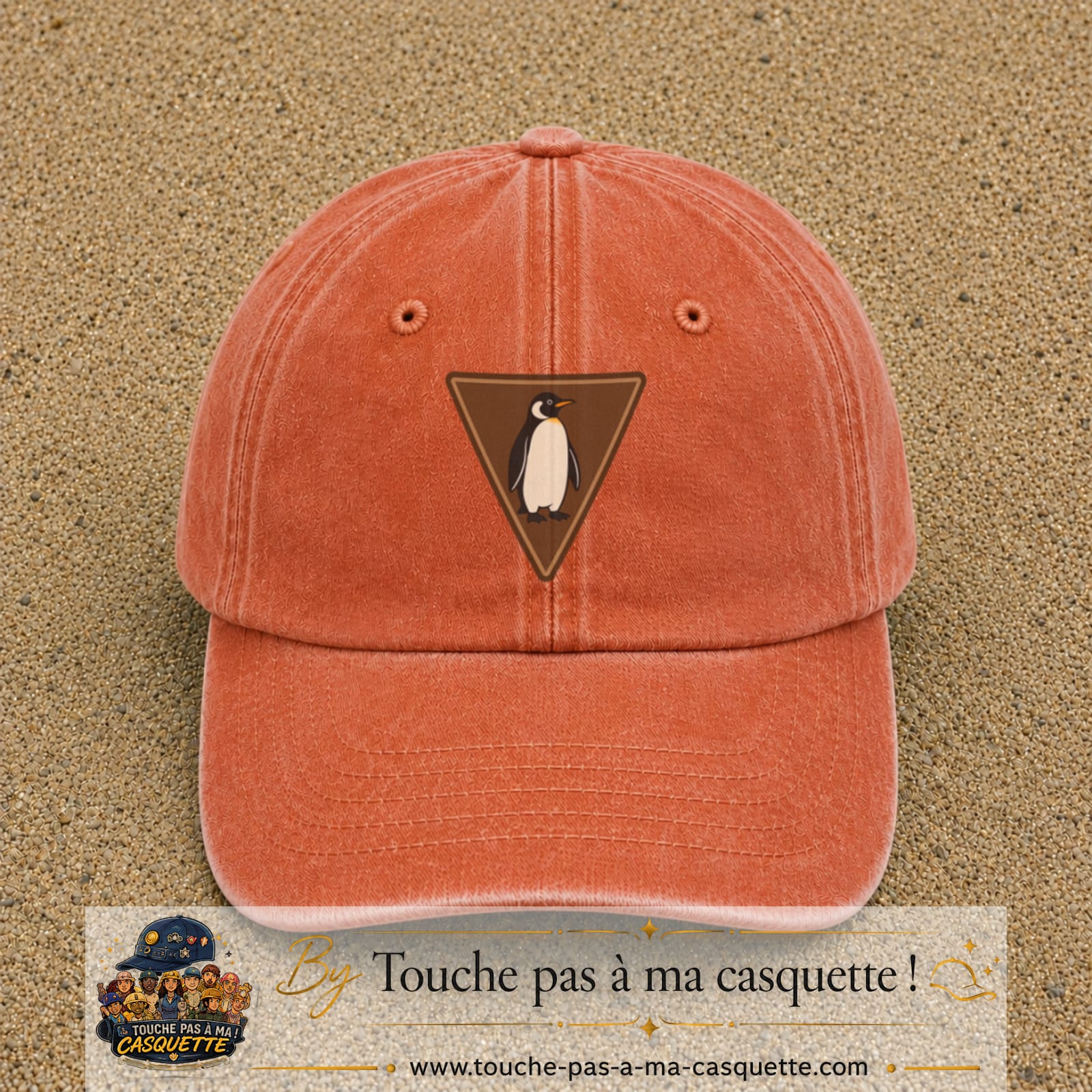 Casquette baseball Orange délavé - Corail délavé 100% coton avec visuel Pingouin panneau 7 cm - image produit principale