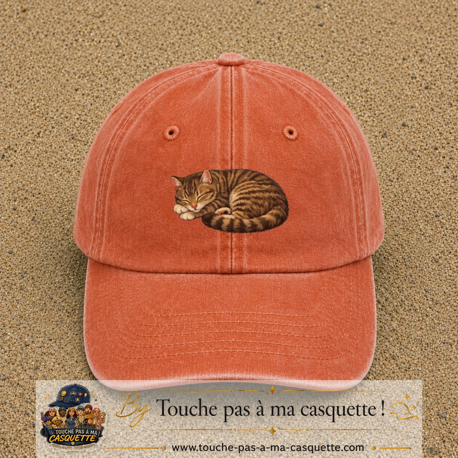 Casquette baseball Orange délavé - Corail délavé 100% coton avec motif Chat endormi 5 cm - image principale