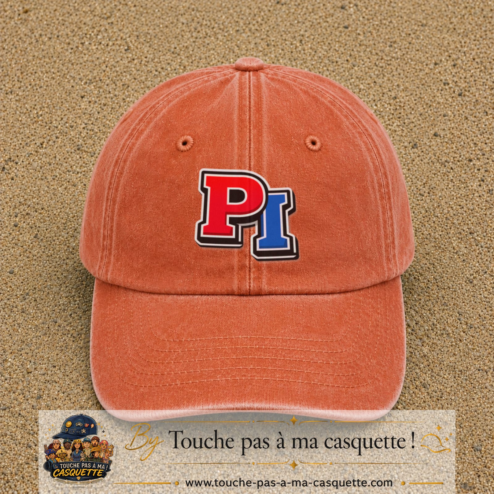 Casquette Orange délavé - Corail délavé 100% coton avec motif Initiales PI rouge et bleu 7 cm - image principale