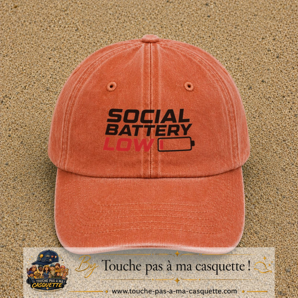 Casquette Orange délavé - Corail délavé 100% coton avec motif Social Battery Low 7 cm - image principale