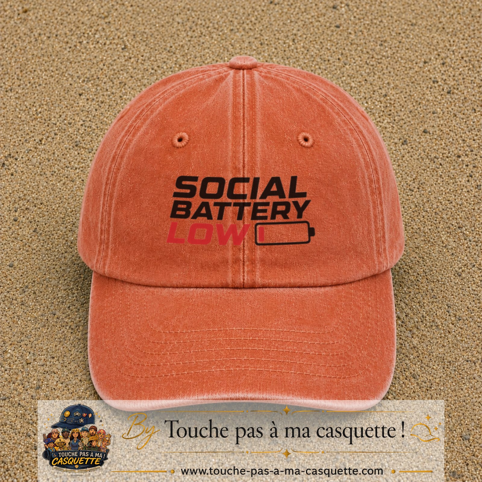 Casquette Orange délavé - Corail délavé 100% coton avec motif Social Battery Low 7 cm - image principale