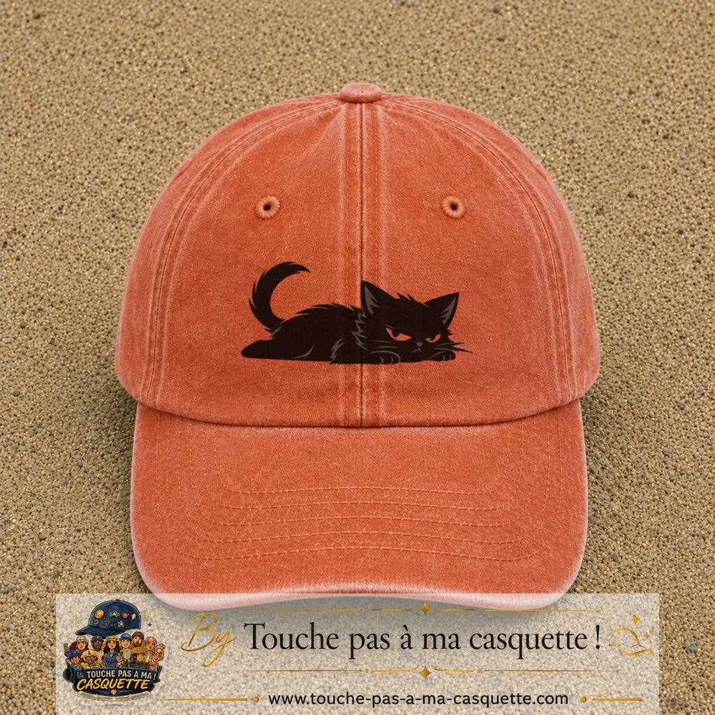 Casquette baseball Orange délavé - Corail délavé 100% coton avec visuel Chat noir couché 5 cm - image produit principale