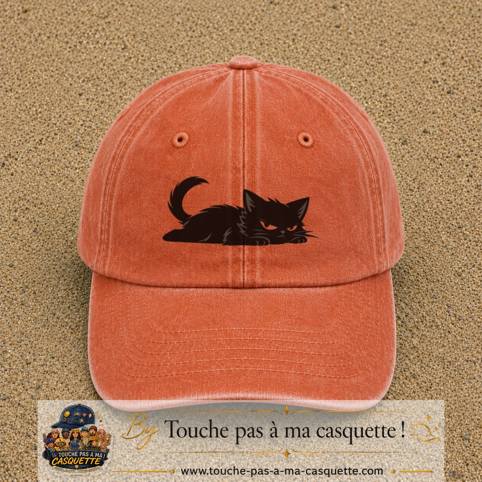 Casquette baseball Orange délavé - Corail délavé 100% coton avec visuel Chat noir couché 5 cm - image produit principale