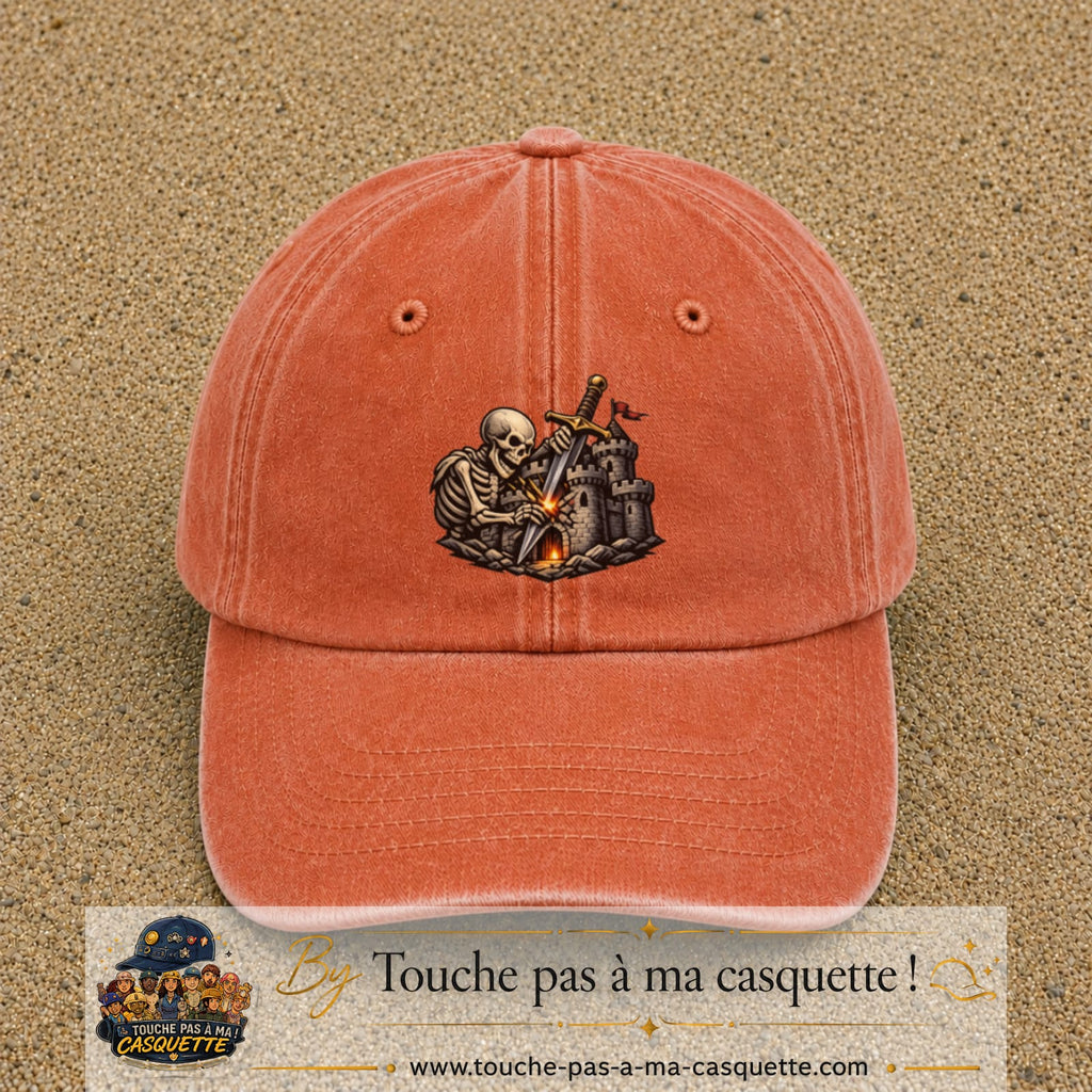 Casquette Orange délavé - Corail délavé 100% coton avec motif Squelette chevalier château 7 cm - image principale