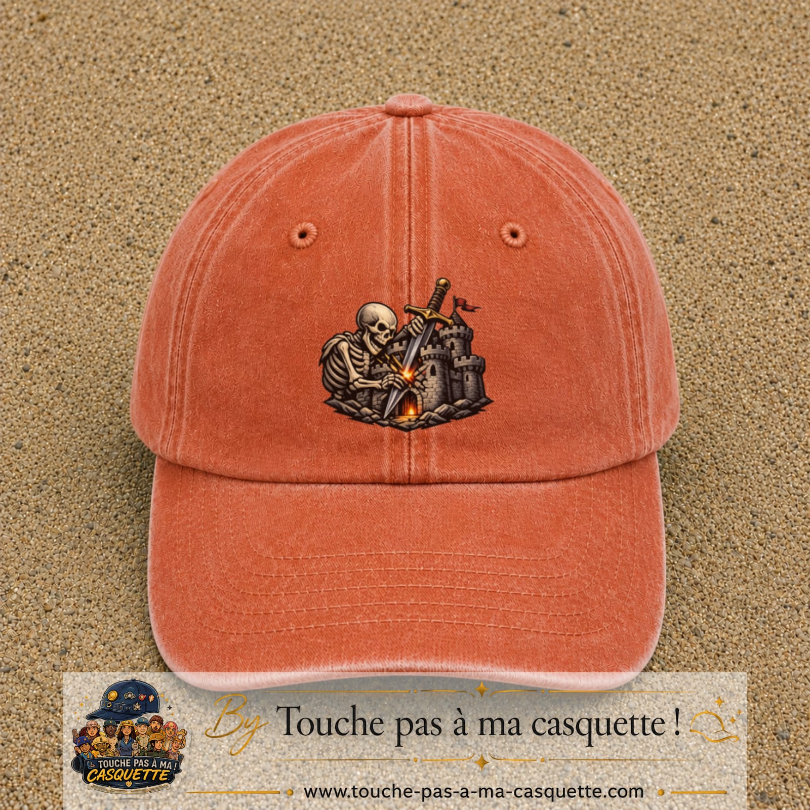 Casquette Orange délavé - Corail délavé 100% coton avec motif Squelette chevalier château 7 cm - image principale