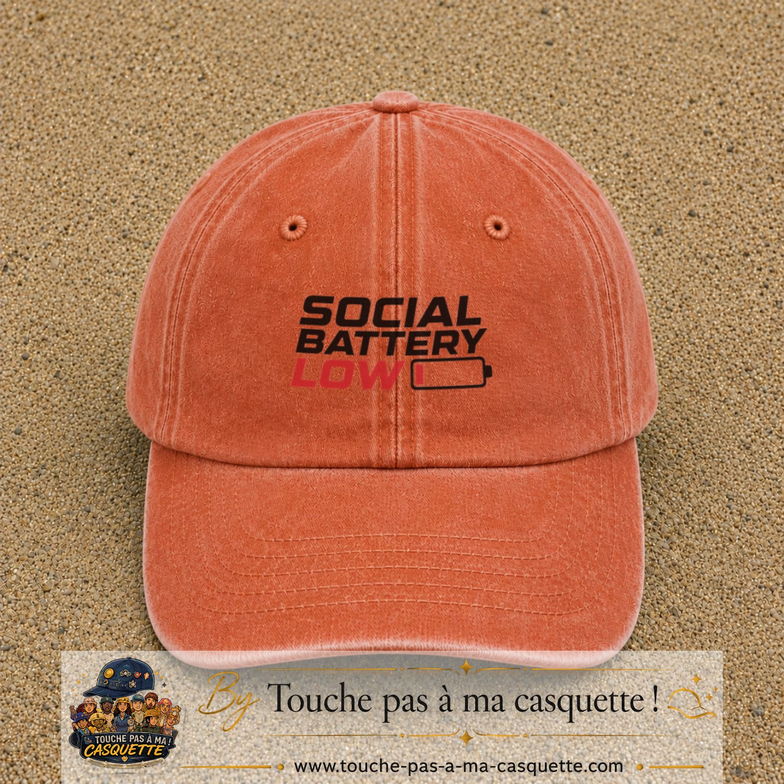 Casquette Orange délavé - Corail délavé 100% coton avec motif Social Battery Low 5 cm - image principale