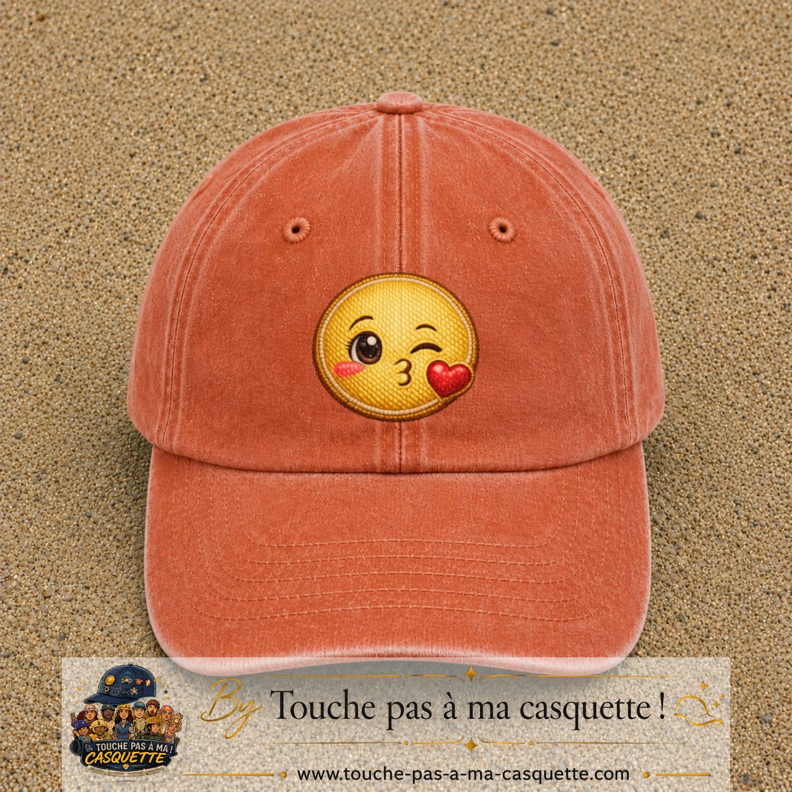Casquette baseball Orange délavé - Corail délavé 100% coton avec visuel Emoji bisou cœur 7 cm - image produit principale