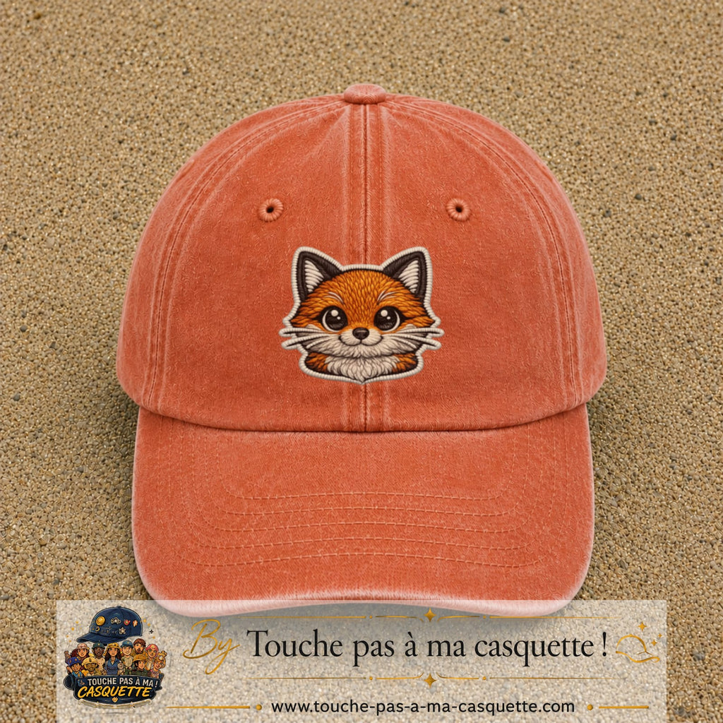 Casquette Orange délavé - Corail délavé motif Renard kawaii 7 cm - vue principale