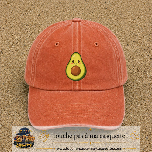 Casquette baseball Orange délavé - Corail délavé 100% coton avec visuel Avocat kawaii 7 cm - image produit principale