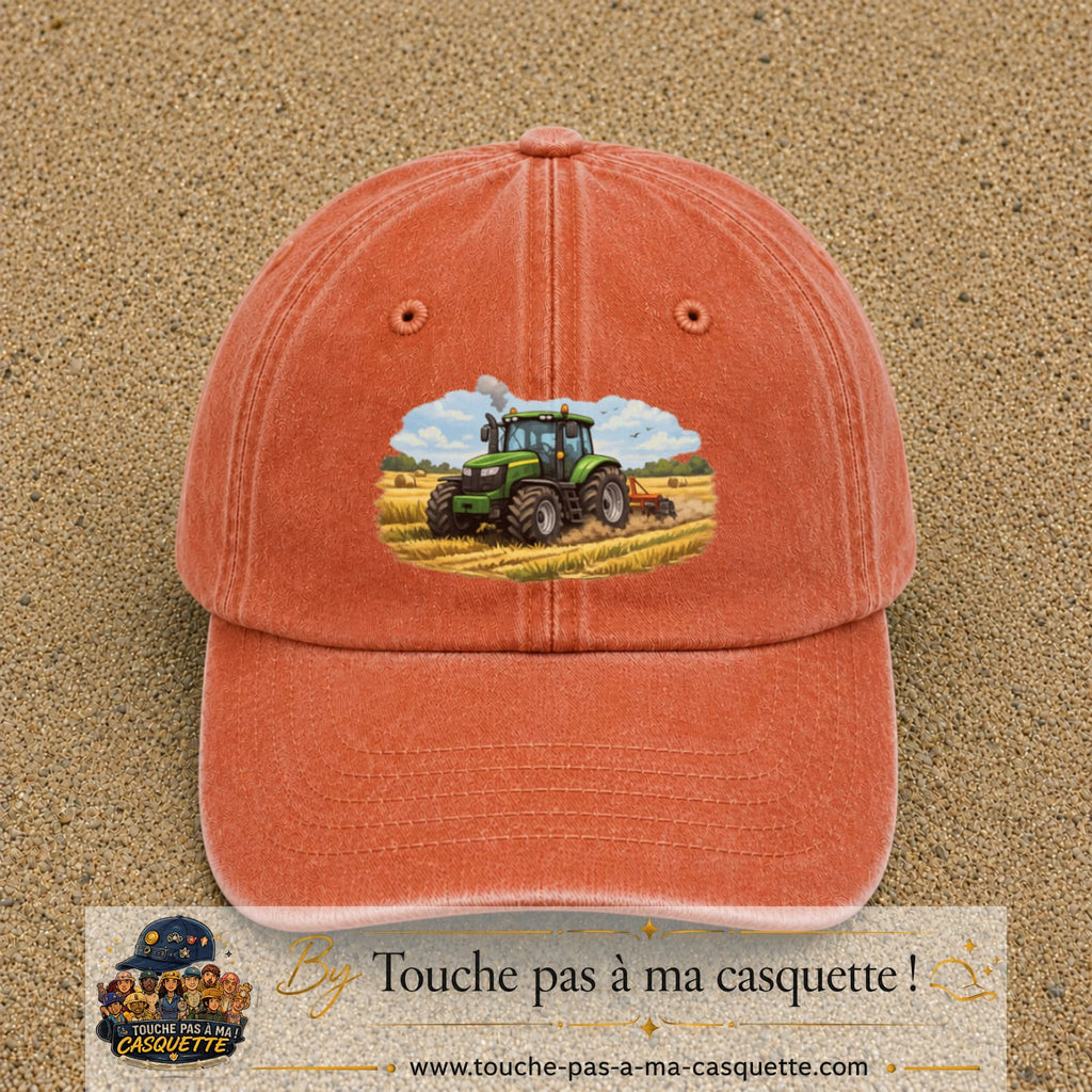 Casquette baseball Orange délavé - Corail délavé 100% coton avec motif Tracteur agricole 7 cm - image principale