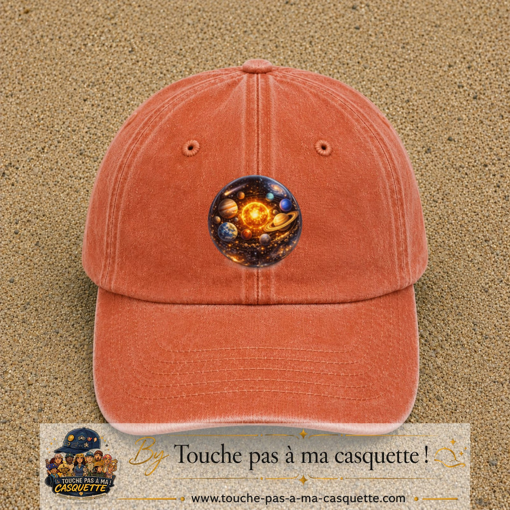 Casquette baseball Orange délavé - Corail délavé 100% coton avec visuel Système solaire sphère 7 cm - image produit principale