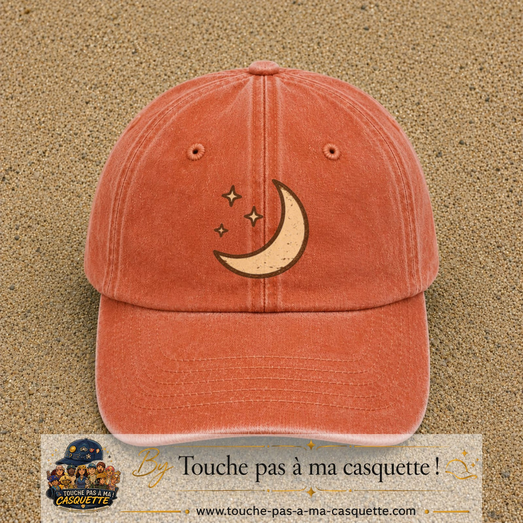 Casquette Orange délavé - Corail délavé 100% coton avec motif Lune et étoiles bohèmes 7 cm - image principale