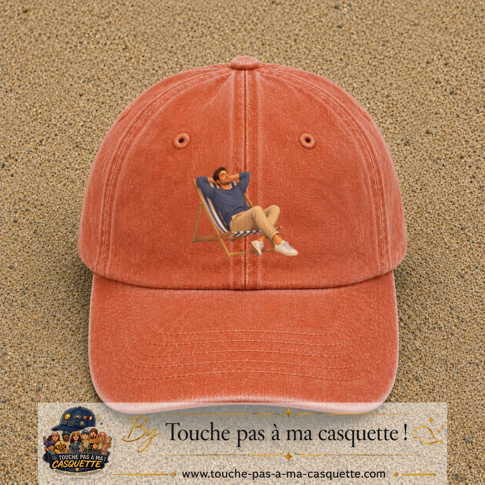 Casquette Orange délavé - Corail délavé 100% coton avec motif Pause soleil transat 7 cm - image principale