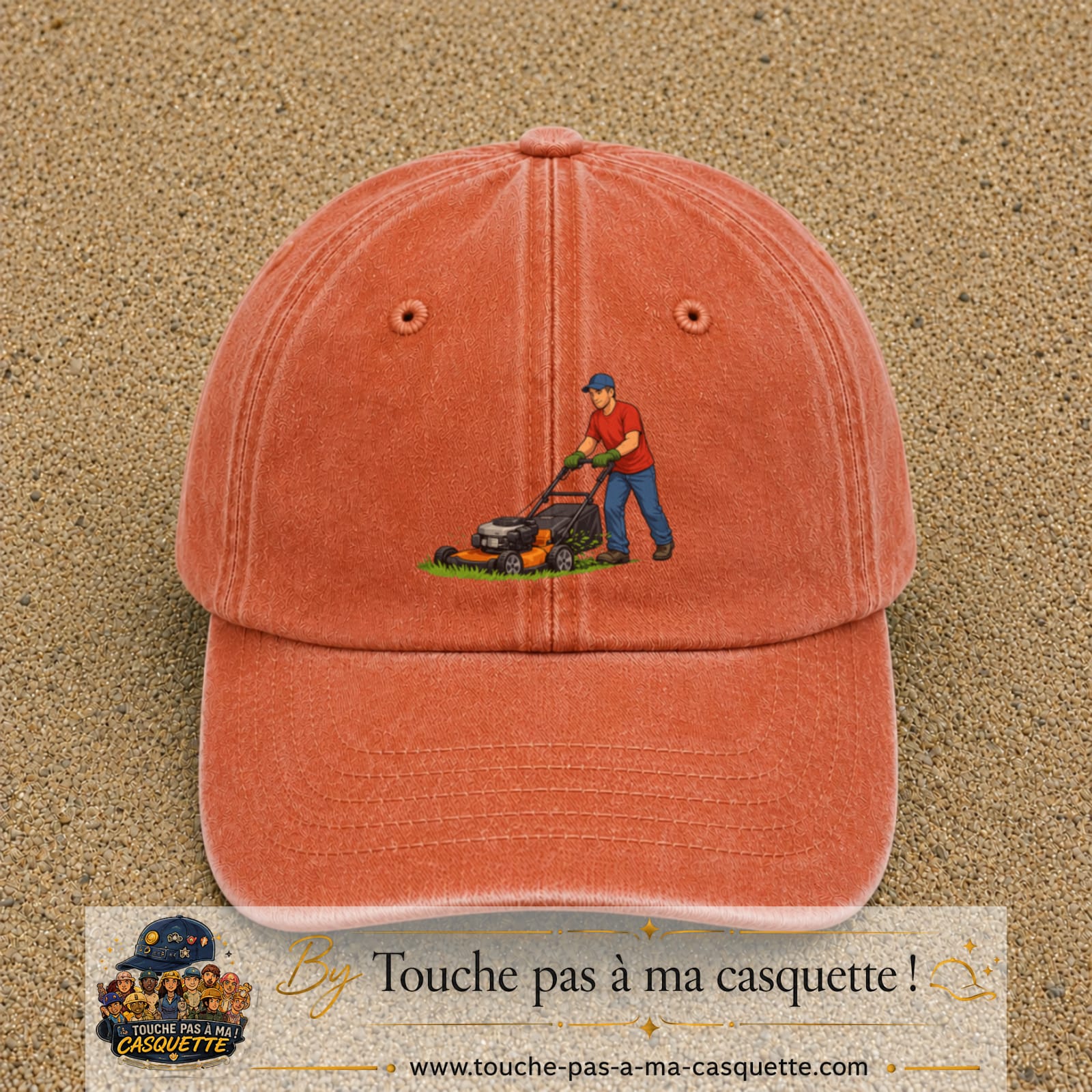 Casquette baseball Orange délavé - Corail délavé 100% coton avec motif Jardinier avec tondeuse 7 cm - image principale