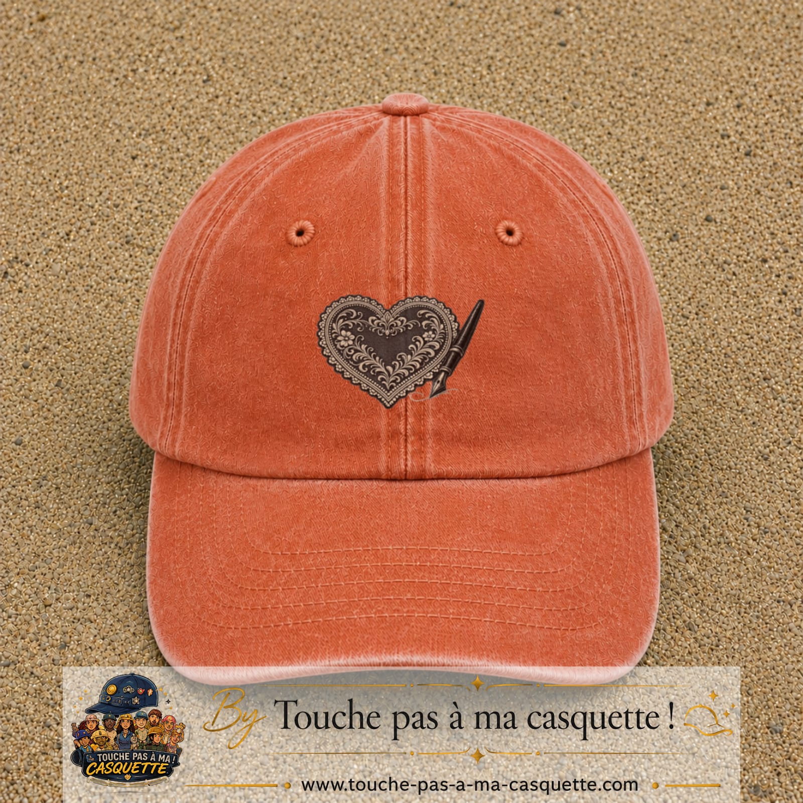 Casquette Orange délavé - Corail délavé motif Cœur calligraphie 5 cm - vue principale