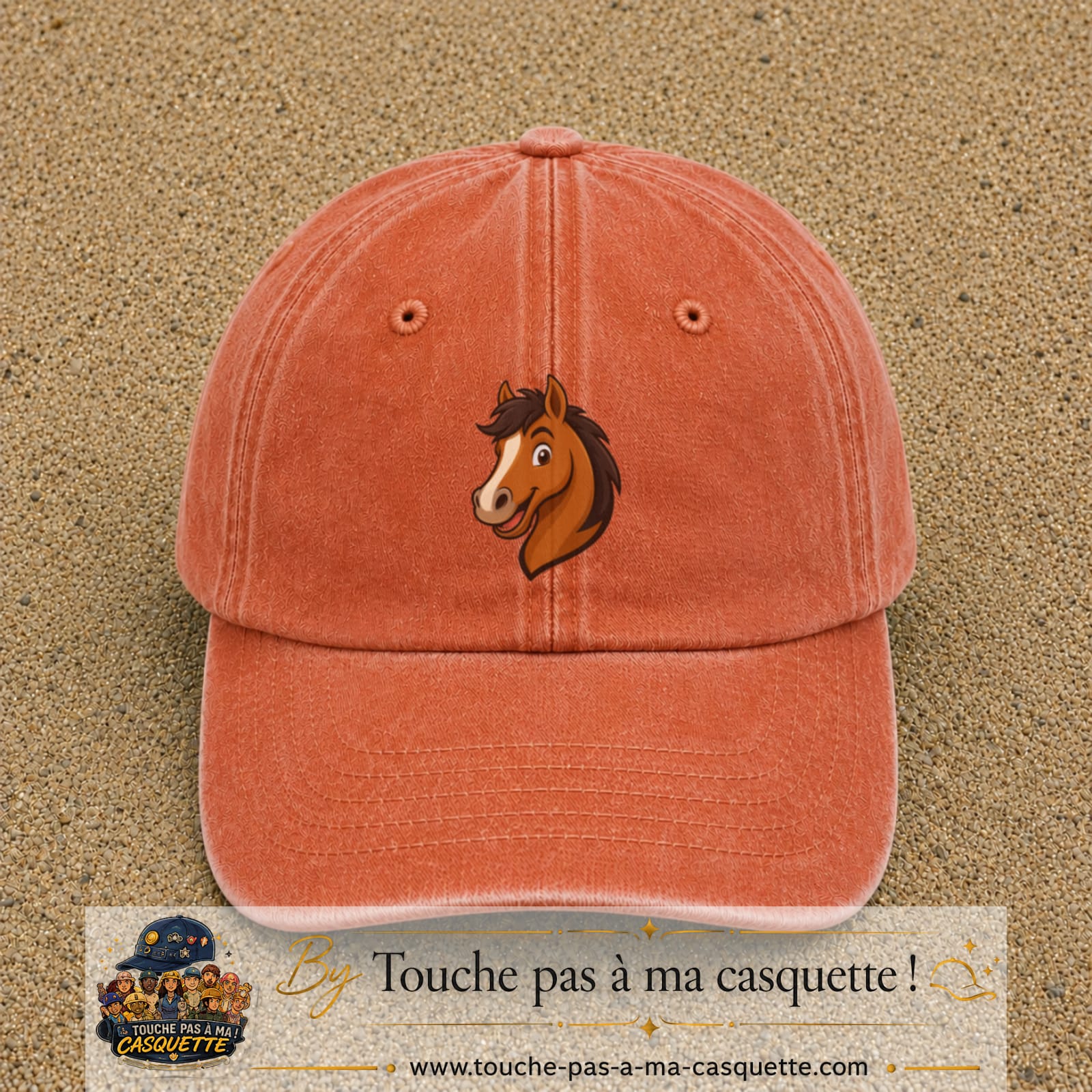 Casquette baseball Orange délavé - Corail délavé 100% coton avec visuel Cheval souriant 7 cm - image produit principale