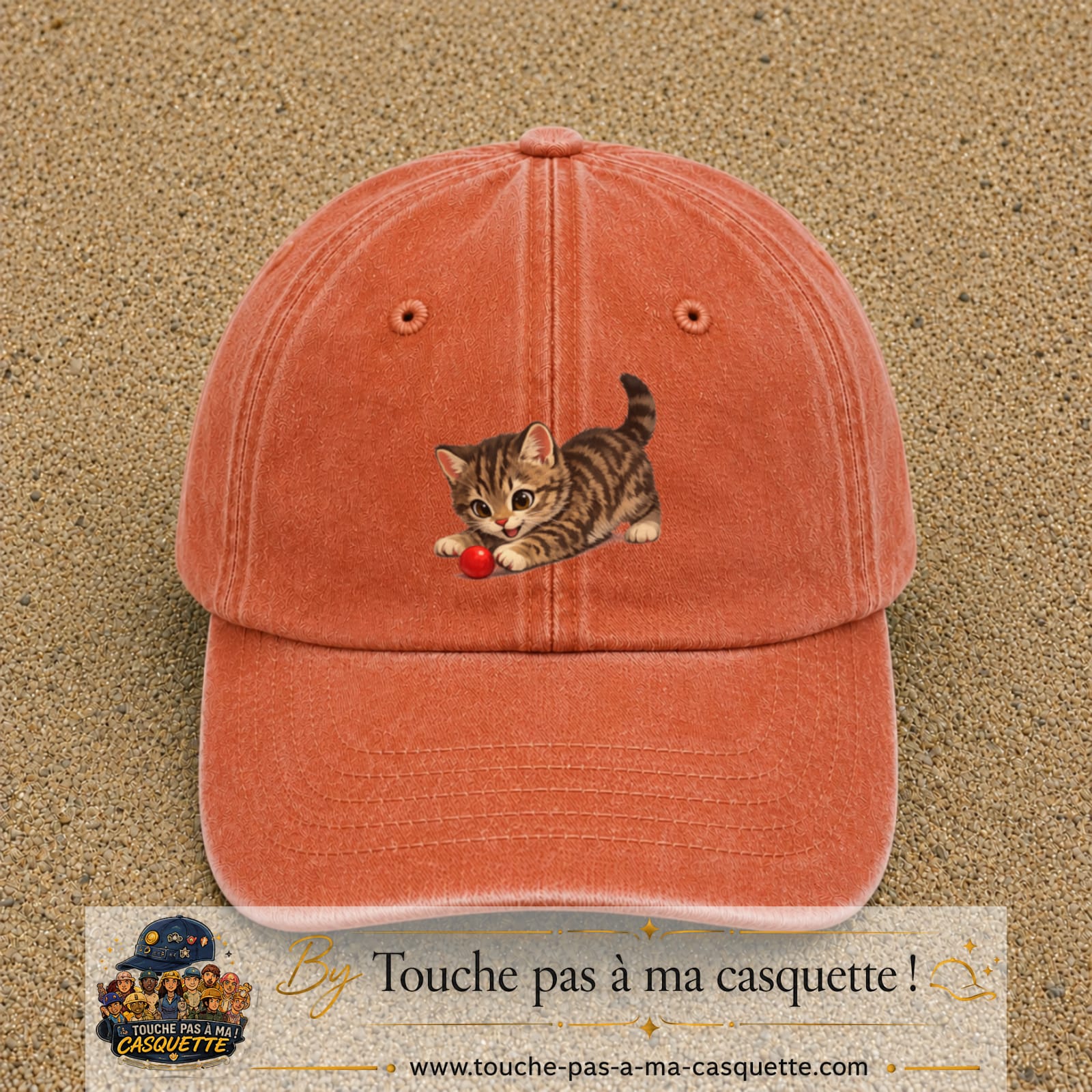 Casquette baseball Orange délavé - Corail délavé 100% coton avec motif Chaton joueur 7 cm - image principale