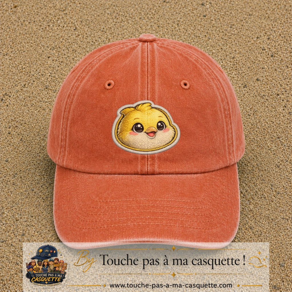 Casquette Orange délavé - Corail délavé motif Poussin joyeux 7 cm - vue principale