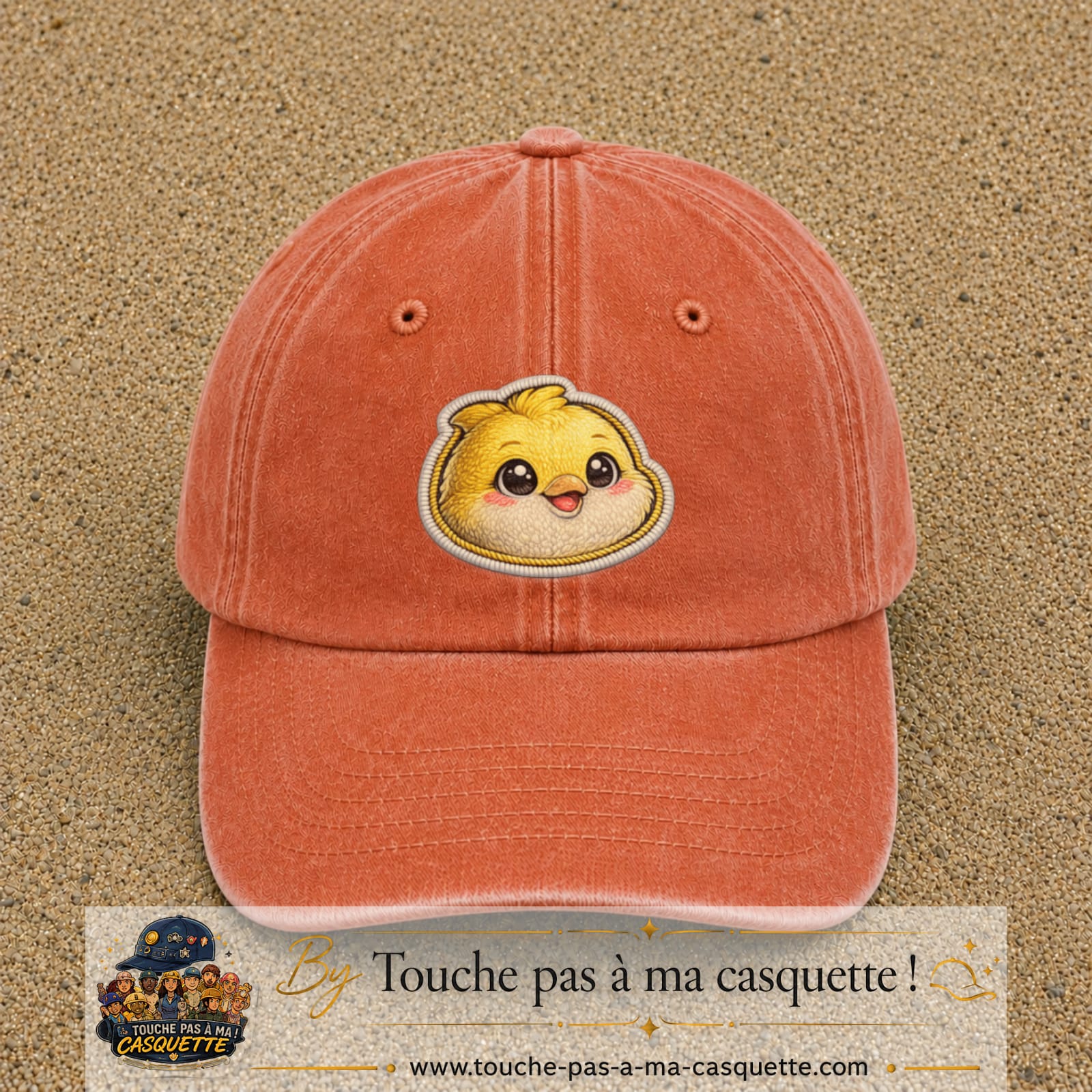 Casquette Orange délavé - Corail délavé motif Poussin joyeux 7 cm - vue principale