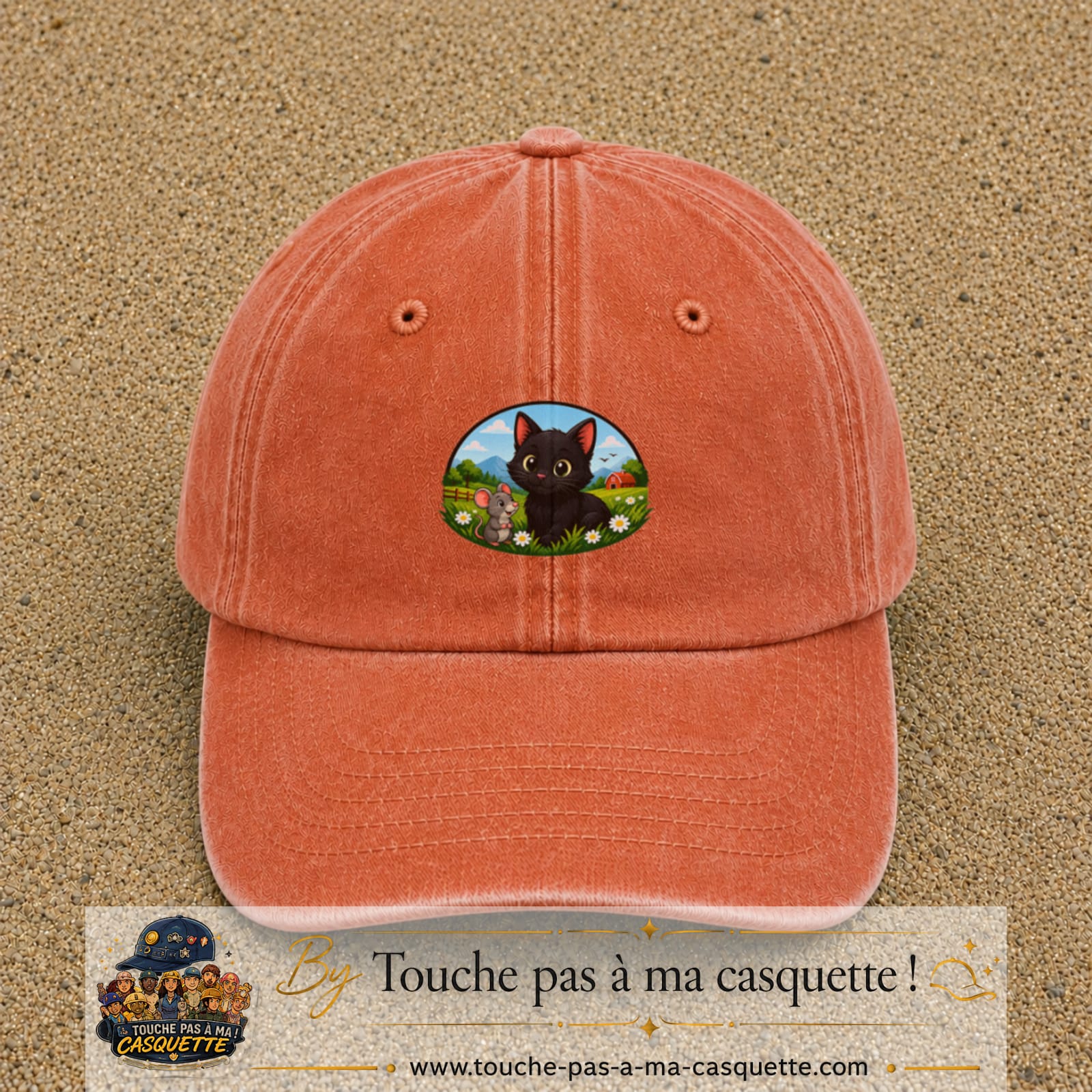 Casquette baseball Orange délavé - Corail délavé 100% coton avec visuel Chat et souris à la ferme 5 cm - image produit principale