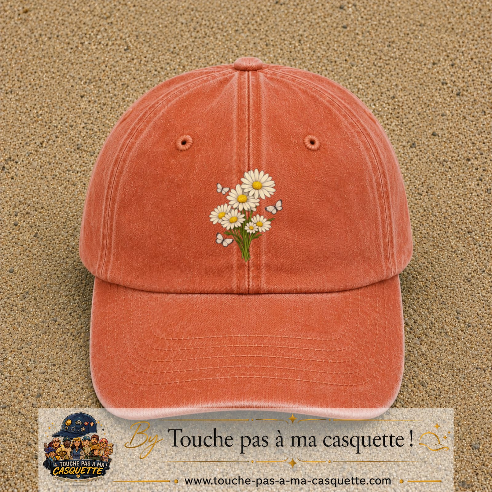 Casquette Orange délavé - Corail délavé motif Bouquet de marguerites et papillons 7 cm - vue principale