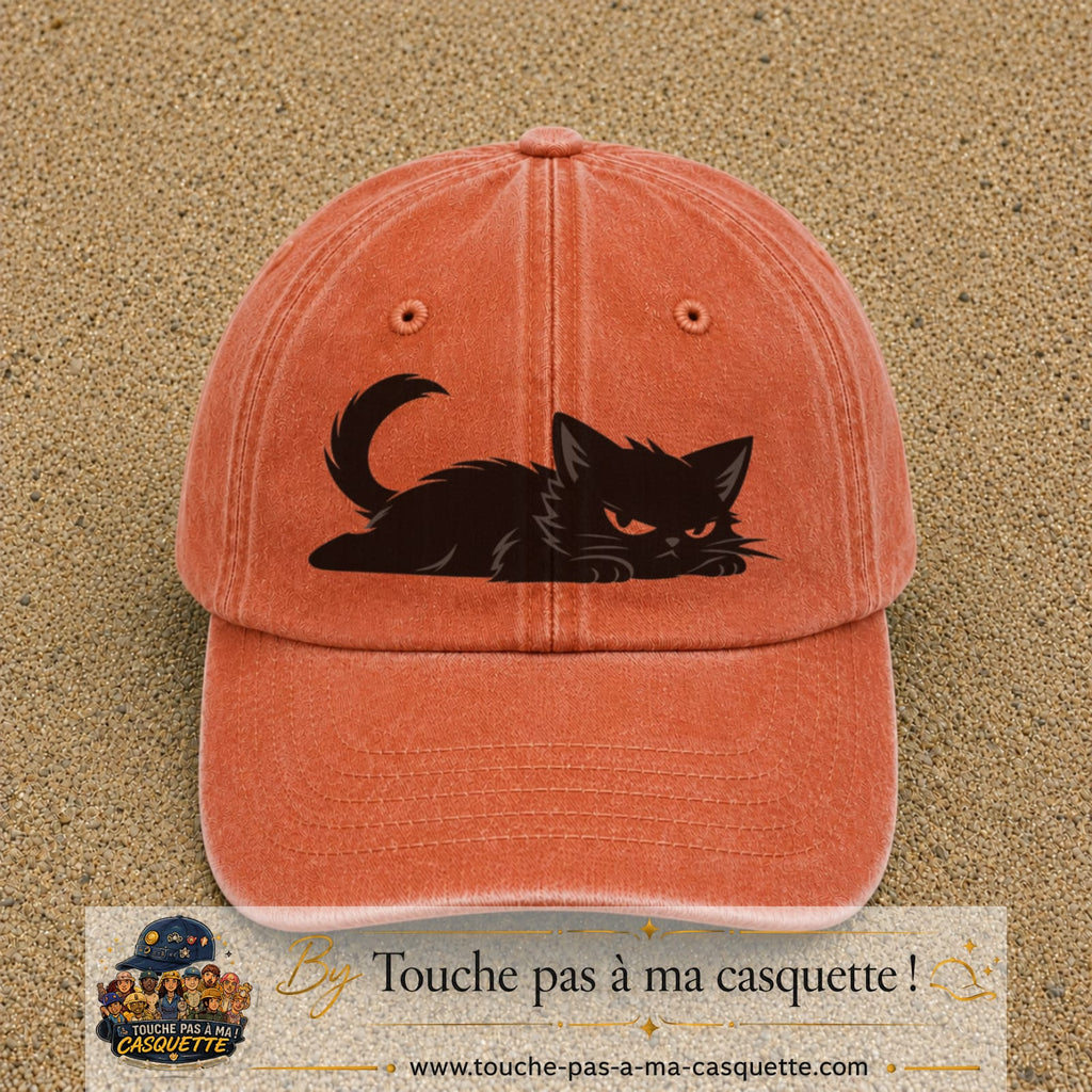 Casquette baseball Orange délavé - Corail délavé 100% coton avec visuel Chat noir couché 7 cm - image produit principale