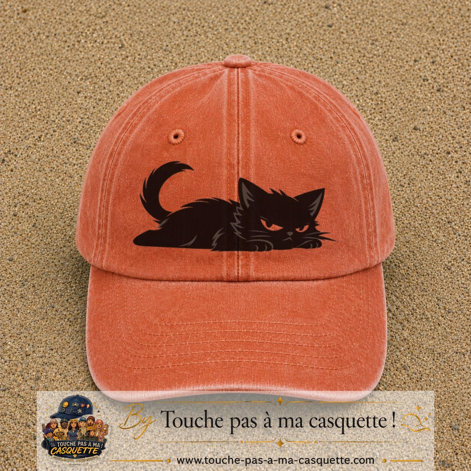 Casquette baseball Orange délavé - Corail délavé 100% coton avec visuel Chat noir couché 7 cm - image produit principale