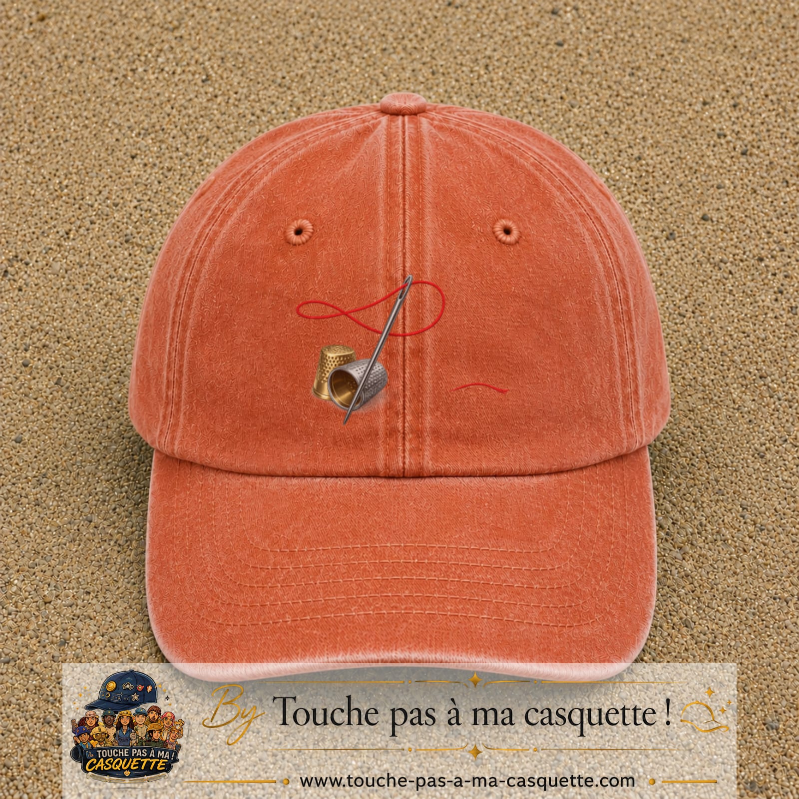 Casquette Orange délavé - Corail délavé 100% coton avec motif Aiguille et fil rouge 7 cm - image principale